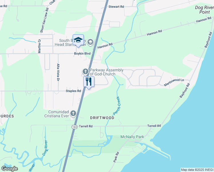 map of restaurants, bars, coffee shops, grocery stores, and more near 1501 Driftwood Drive South in Mobile