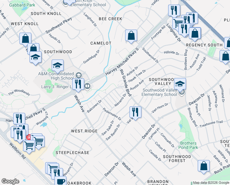 map of restaurants, bars, coffee shops, grocery stores, and more near 2402 Blanco Drive in College Station