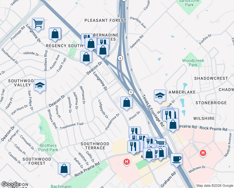 map of restaurants, bars, coffee shops, grocery stores, and more near 3007 Longmire Drive in College Station