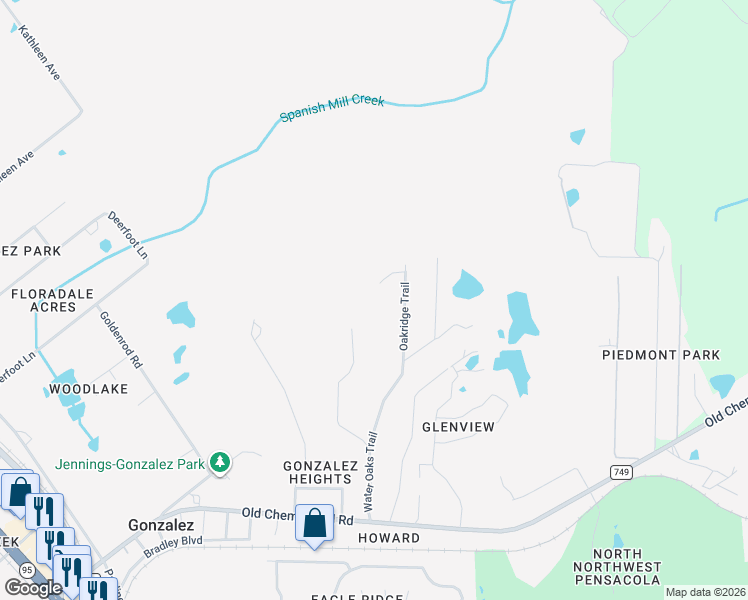 map of restaurants, bars, coffee shops, grocery stores, and more near 1300 Oak Bend Trail in Cantonment