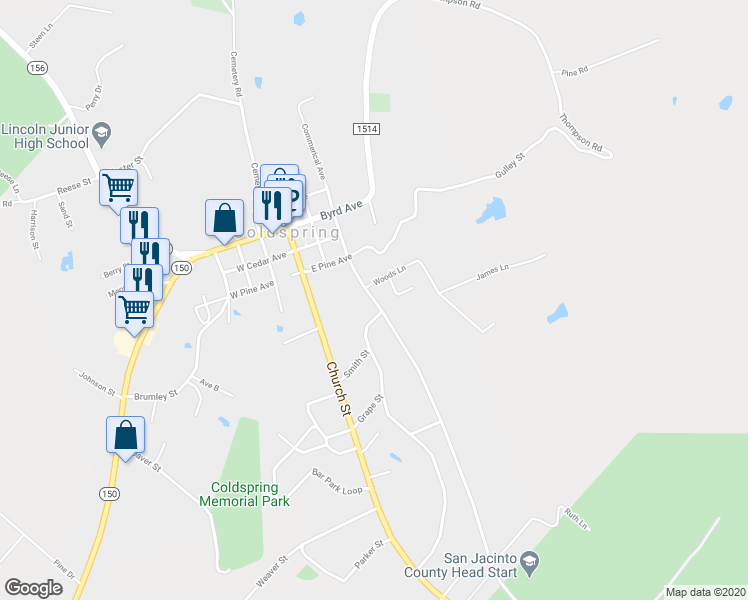 map of restaurants, bars, coffee shops, grocery stores, and more near 222 Farm to Market Road 2973 in Coldspring