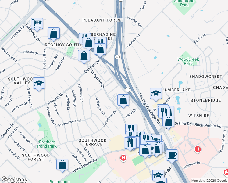 map of restaurants, bars, coffee shops, grocery stores, and more near 3007 Longmire Drive in College Station