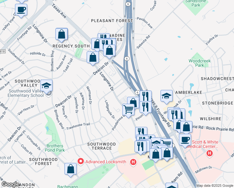 map of restaurants, bars, coffee shops, grocery stores, and more near 1708 Treehouse Trail in College Station