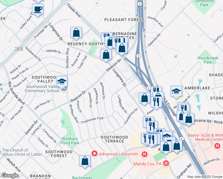 map of restaurants, bars, coffee shops, grocery stores, and more near 2805 Henry Court in College Station