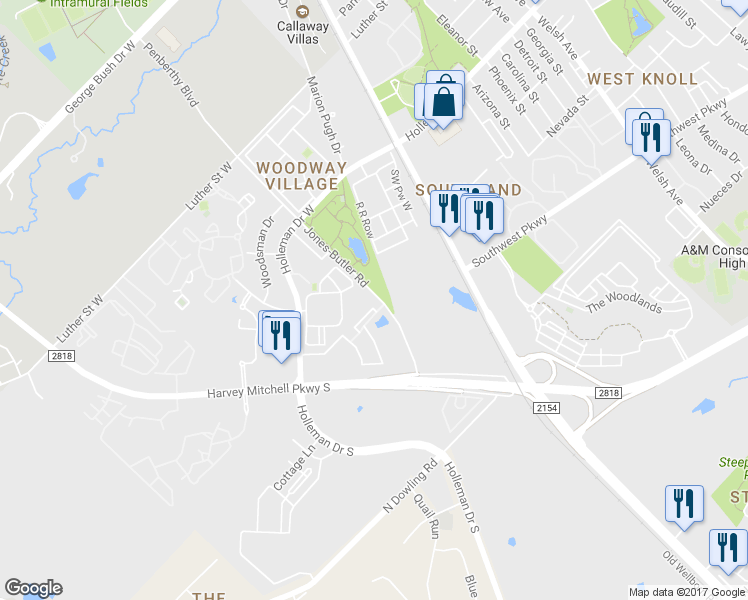 map of restaurants, bars, coffee shops, grocery stores, and more near 106 Jones-Butler Road in College Station