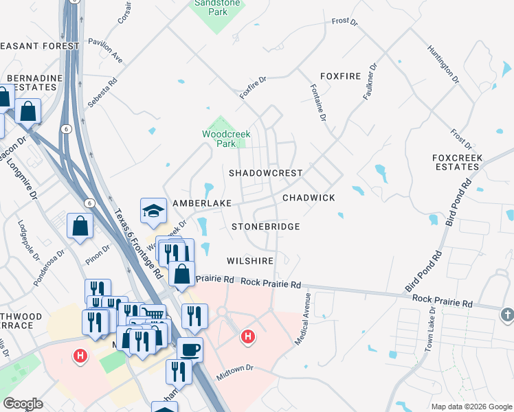 map of restaurants, bars, coffee shops, grocery stores, and more near 9306 Essex Green in College Station