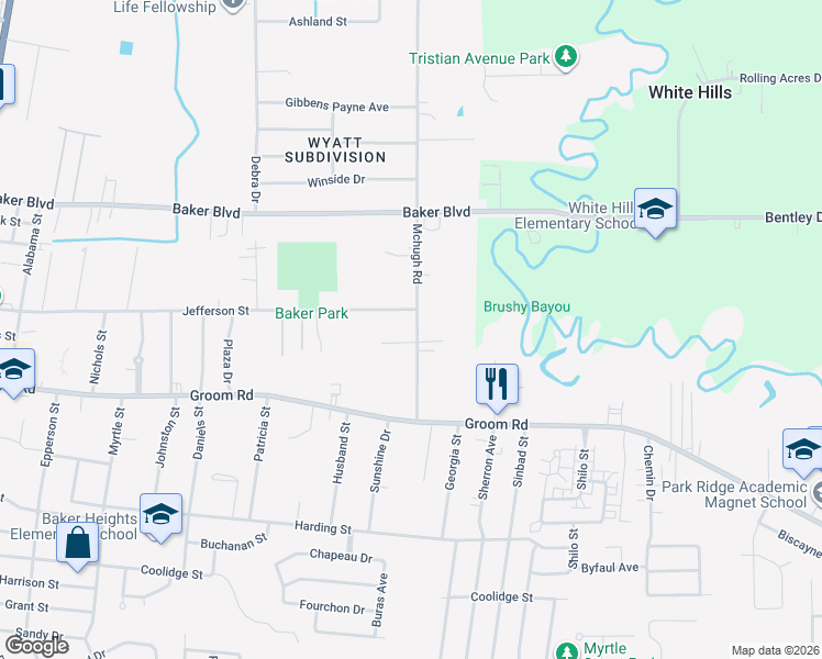 map of restaurants, bars, coffee shops, grocery stores, and more near 4611 Don Avenue in Baker