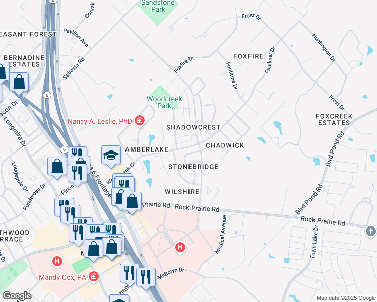 map of restaurants, bars, coffee shops, grocery stores, and more near 9306 Essex Green in College Station