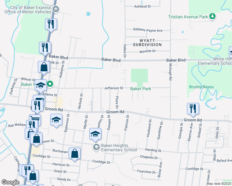 map of restaurants, bars, coffee shops, grocery stores, and more near 1304 Plaza Drive in Baker