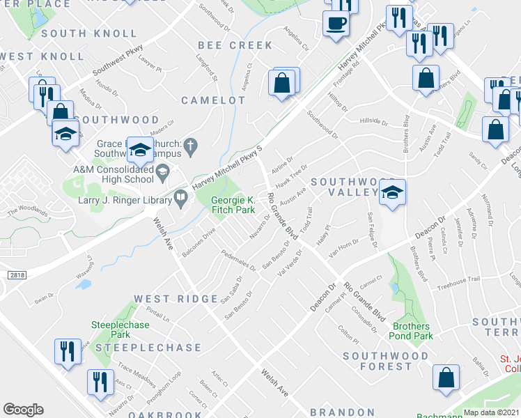 map of restaurants, bars, coffee shops, grocery stores, and more near 1028 Navarro Drive in College Station