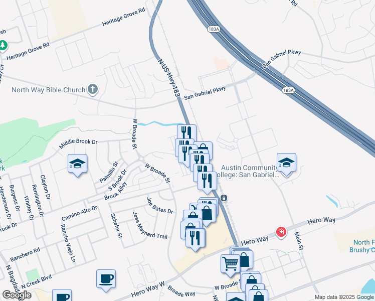 map of restaurants, bars, coffee shops, grocery stores, and more near 4572-4704 U.S. 183 in Leander