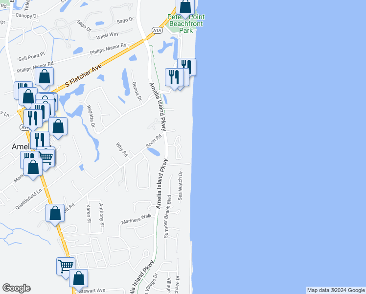 map of restaurants, bars, coffee shops, grocery stores, and more near 4800 Amelia Island Parkway in Fernandina Beach