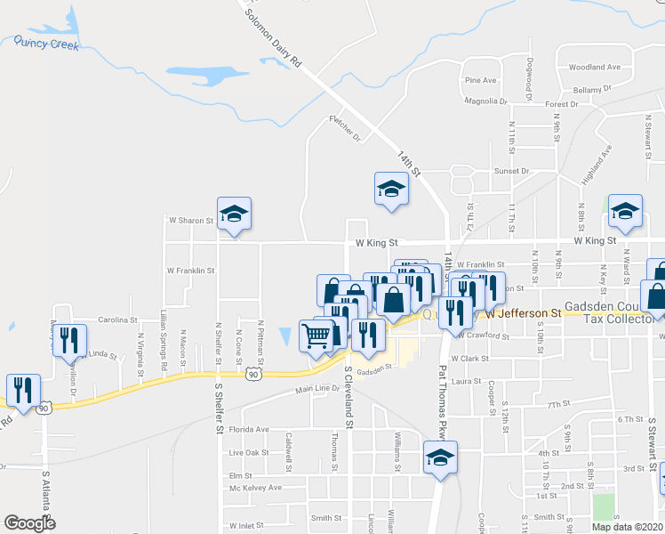 map of restaurants, bars, coffee shops, grocery stores, and more near 122 North Cleveland Street in Quincy