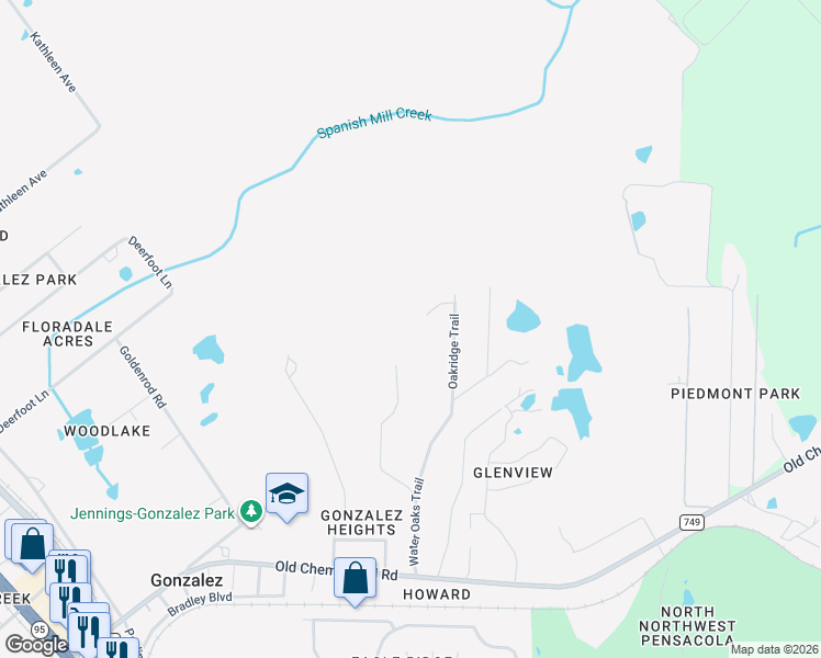 map of restaurants, bars, coffee shops, grocery stores, and more near 1300 Oak Bend Trail in Cantonment