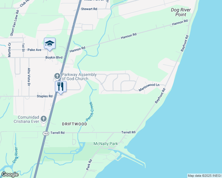 map of restaurants, bars, coffee shops, grocery stores, and more near 1300 Creekway Drive in Mobile