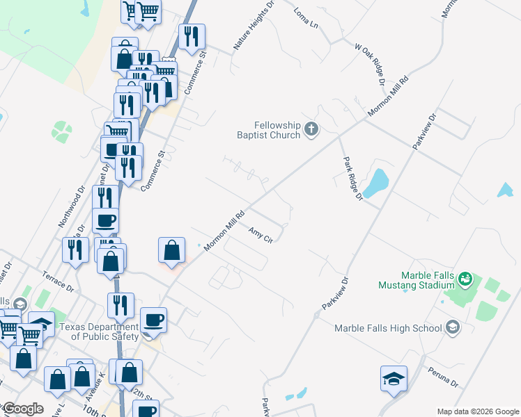 map of restaurants, bars, coffee shops, grocery stores, and more near 404 Amy Circle in Marble Falls