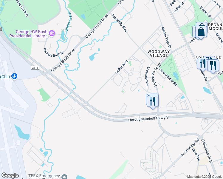 map of restaurants, bars, coffee shops, grocery stores, and more near 947 Luther Street West in College Station