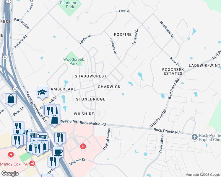 map of restaurants, bars, coffee shops, grocery stores, and more near 9407 Whitney Lane in College Station