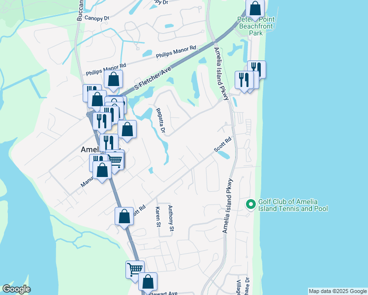 map of restaurants, bars, coffee shops, grocery stores, and more near 4854 Ocean Forest Lane in Fernandina Beach