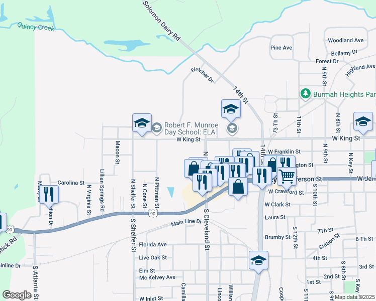 map of restaurants, bars, coffee shops, grocery stores, and more near 122 North Cleveland Street in Quincy