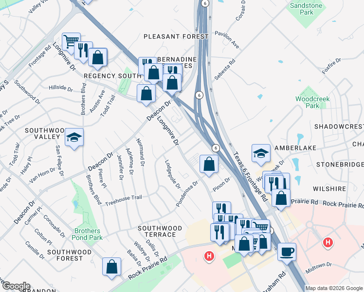 map of restaurants, bars, coffee shops, grocery stores, and more near 1708 Treehouse Trail in College Station