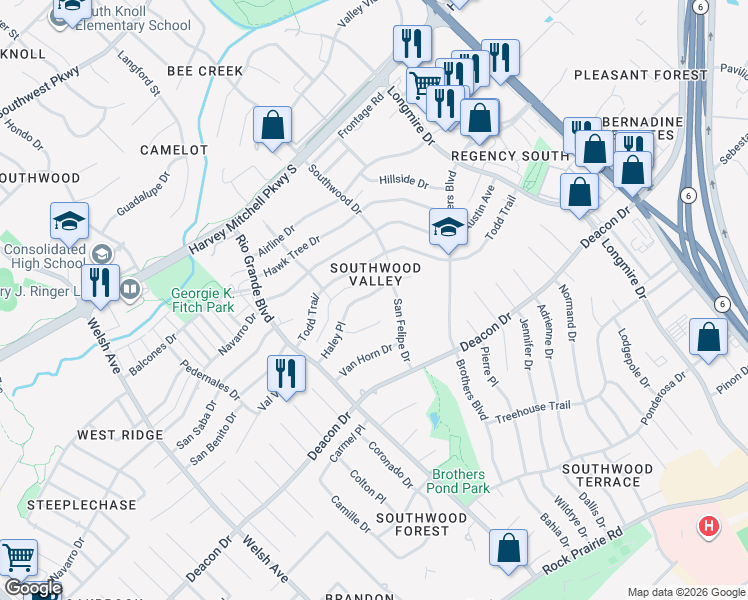map of restaurants, bars, coffee shops, grocery stores, and more near 1214 Haley Place in College Station
