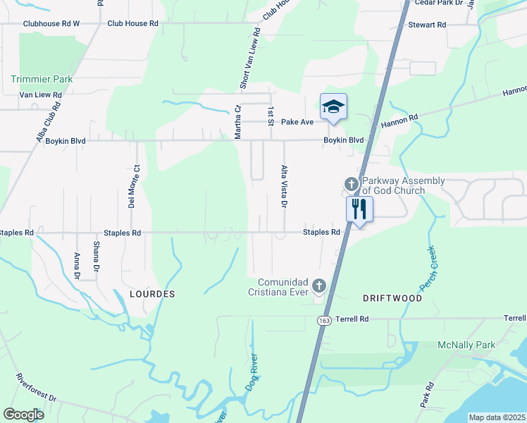 map of restaurants, bars, coffee shops, grocery stores, and more near 3824 River Place in Mobile
