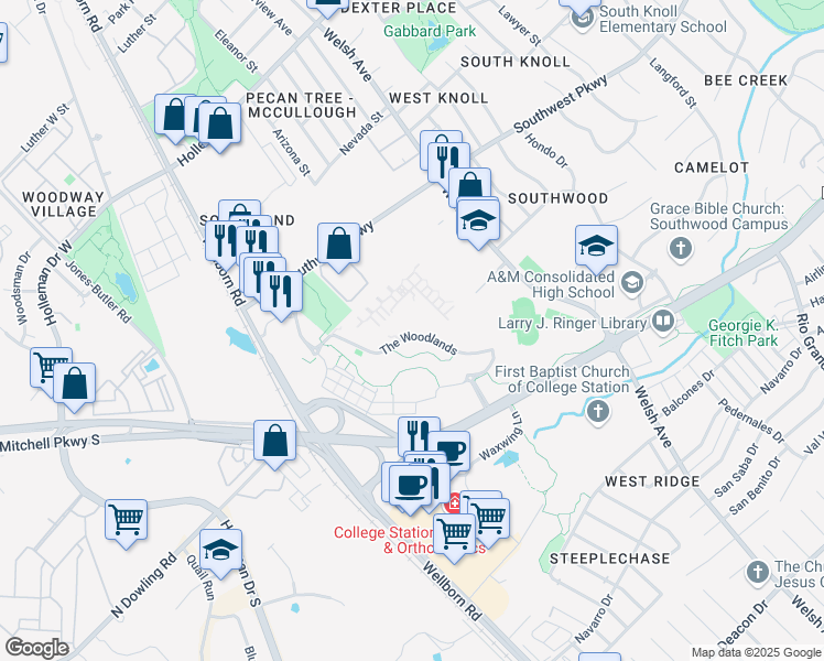 map of restaurants, bars, coffee shops, grocery stores, and more near 1725 Harvey Mitchell Parkway South in College Station