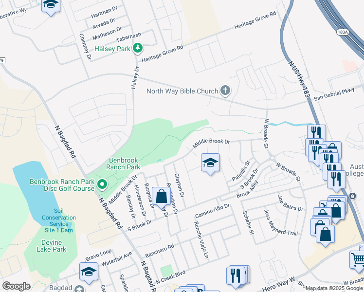 map of restaurants, bars, coffee shops, grocery stores, and more near 1140 Laceflower Ln in Leander