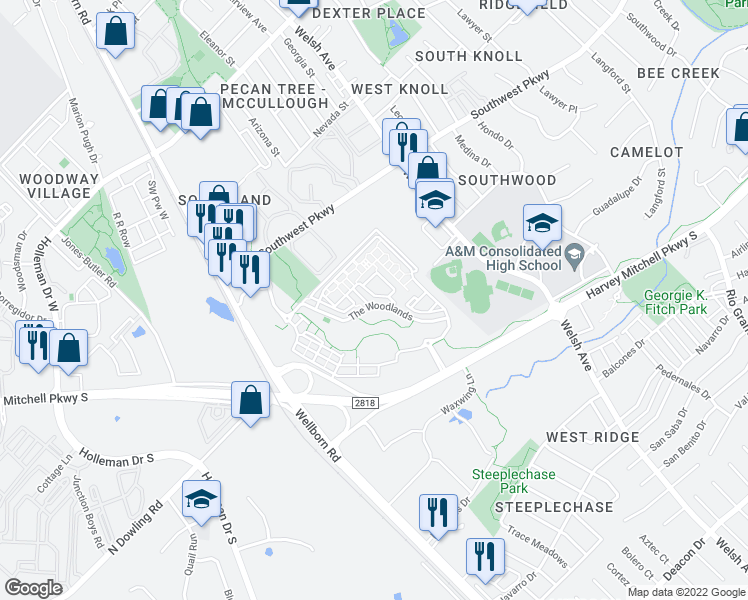 map of restaurants, bars, coffee shops, grocery stores, and more near 1725 Harvey Mitchell Parkway South in College Station