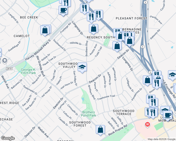 map of restaurants, bars, coffee shops, grocery stores, and more near 2713 Brothers Boulevard in College Station