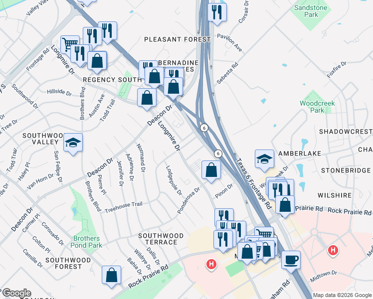 map of restaurants, bars, coffee shops, grocery stores, and more near 2819 Longmire Drive in College Station