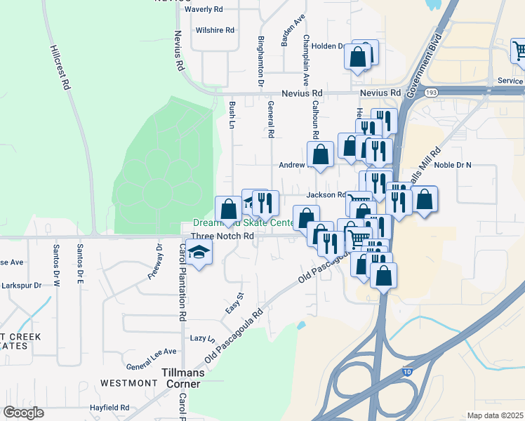 map of restaurants, bars, coffee shops, grocery stores, and more near 5851 Jackson Road in Mobile