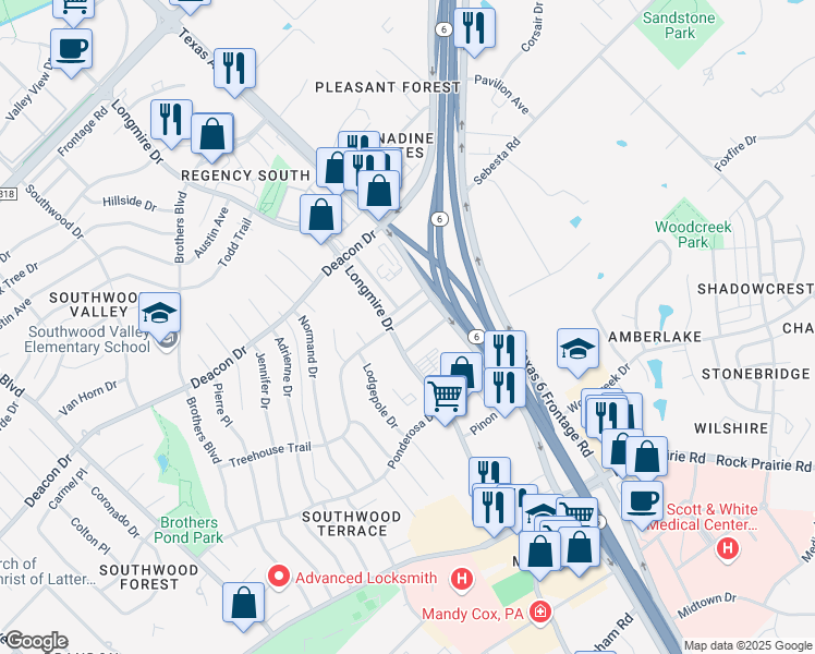 map of restaurants, bars, coffee shops, grocery stores, and more near 2819 Longmire Drive in College Station