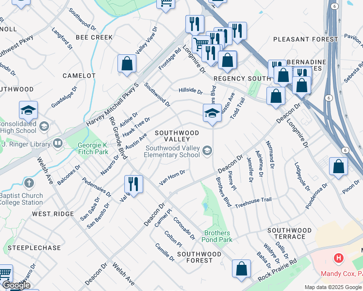 map of restaurants, bars, coffee shops, grocery stores, and more near 1302 Haley Place in College Station