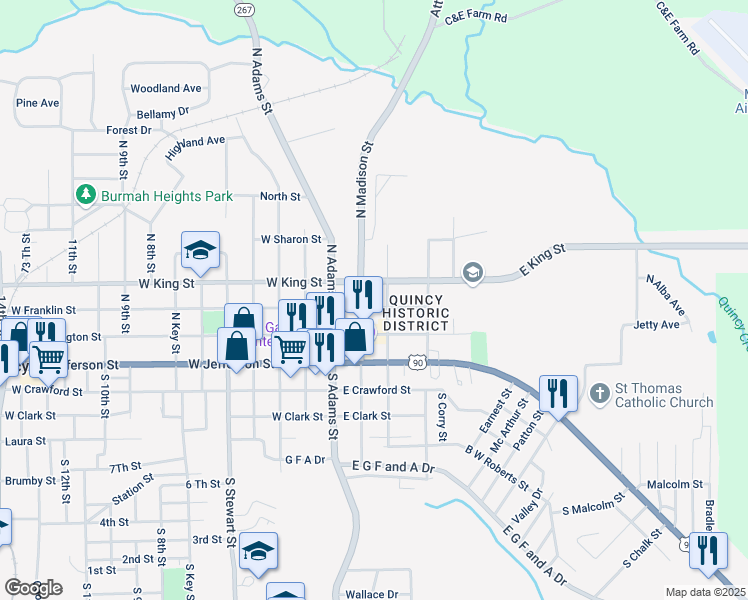 map of restaurants, bars, coffee shops, grocery stores, and more near 205 North Madison Street in Quincy