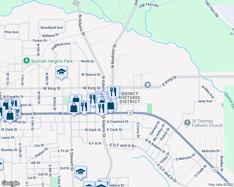 map of restaurants, bars, coffee shops, grocery stores, and more near 205 North Madison Street in Quincy