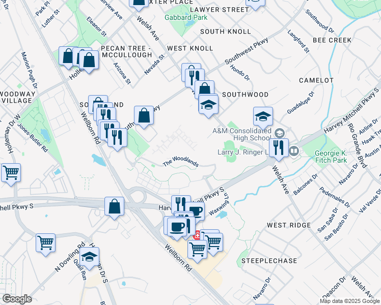 map of restaurants, bars, coffee shops, grocery stores, and more near 1725 Harvey Mitchell Parkway South in College Station