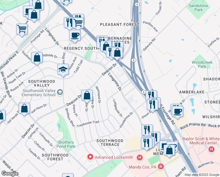 map of restaurants, bars, coffee shops, grocery stores, and more near 2800 Amy Court in College Station