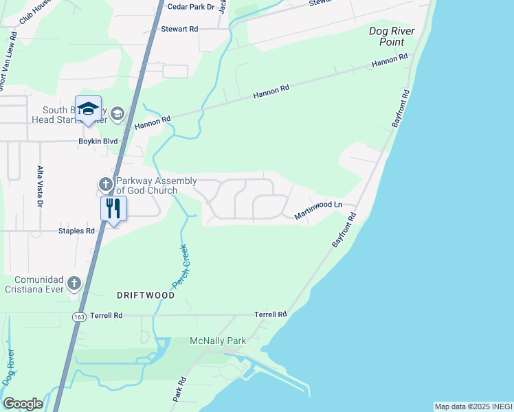 map of restaurants, bars, coffee shops, grocery stores, and more near 3961 Castlewood Drive West in Mobile