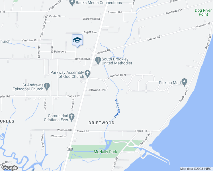 map of restaurants, bars, coffee shops, grocery stores, and more near 3906 Driftwood Drive East in Mobile