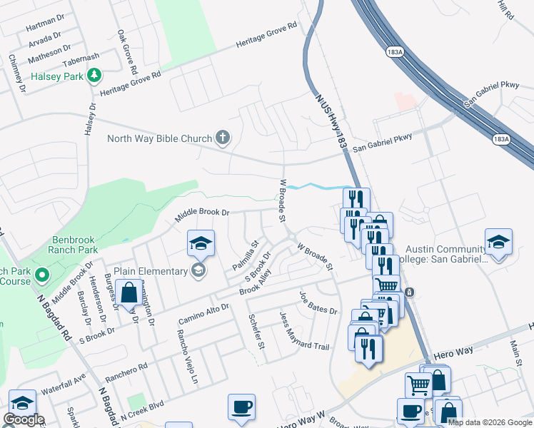 map of restaurants, bars, coffee shops, grocery stores, and more near 317 Middle Brook Drive in Leander