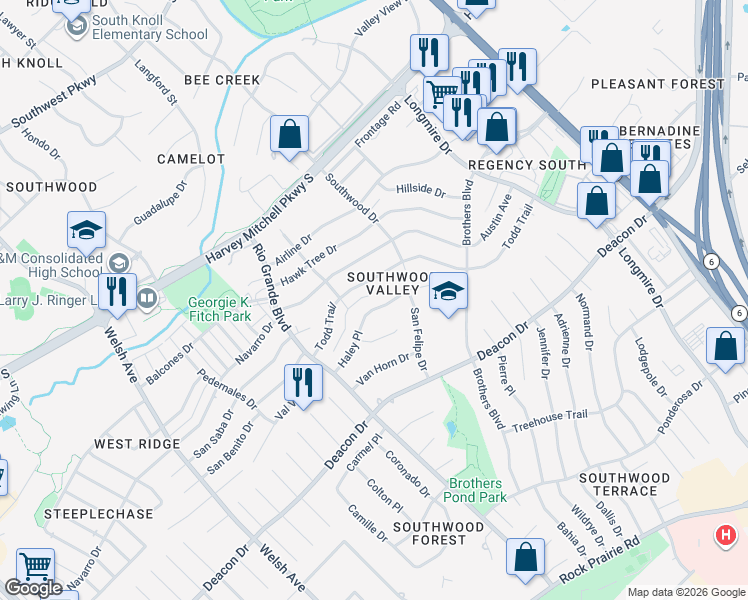 map of restaurants, bars, coffee shops, grocery stores, and more near 1300 Todd Trail in College Station