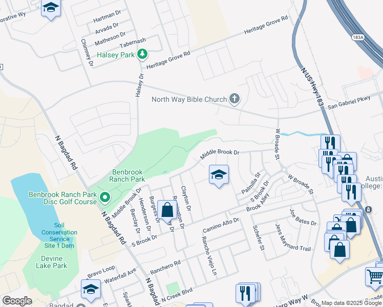 map of restaurants, bars, coffee shops, grocery stores, and more near 1140 Laceflower Ln in Leander