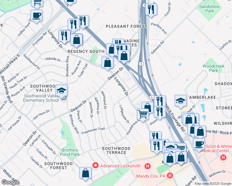 map of restaurants, bars, coffee shops, grocery stores, and more near 2800 Amy Court in College Station