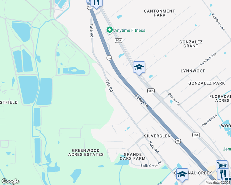 map of restaurants, bars, coffee shops, grocery stores, and more near 976 Tate Road in Cantonment