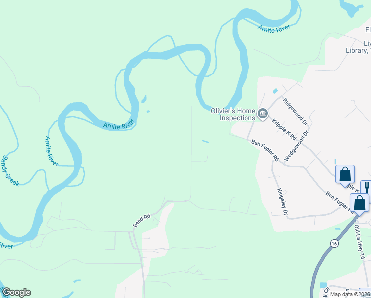 map of restaurants, bars, coffee shops, grocery stores, and more near 36168 Bend Road in Denham Springs