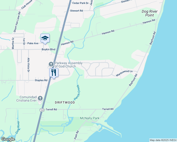map of restaurants, bars, coffee shops, grocery stores, and more near 3921 Charmaine Circle in Mobile