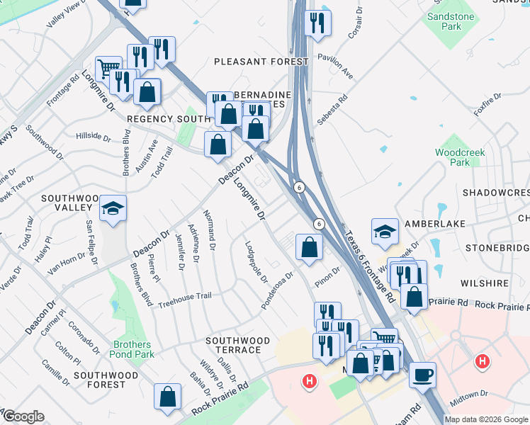 map of restaurants, bars, coffee shops, grocery stores, and more near 1801 Treehouse Trail in College Station