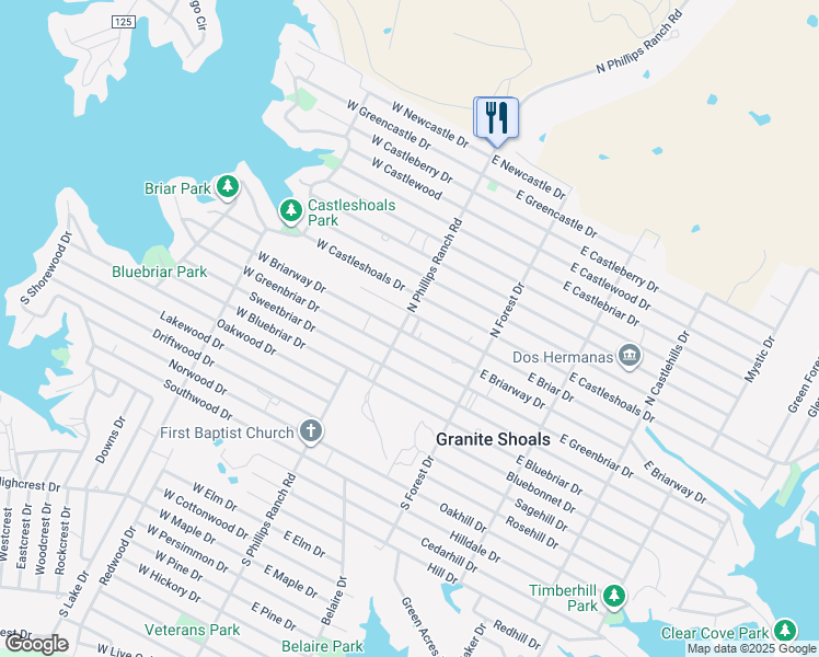 map of restaurants, bars, coffee shops, grocery stores, and more near 410 North Phillips Ranch Road in Granite Shoals